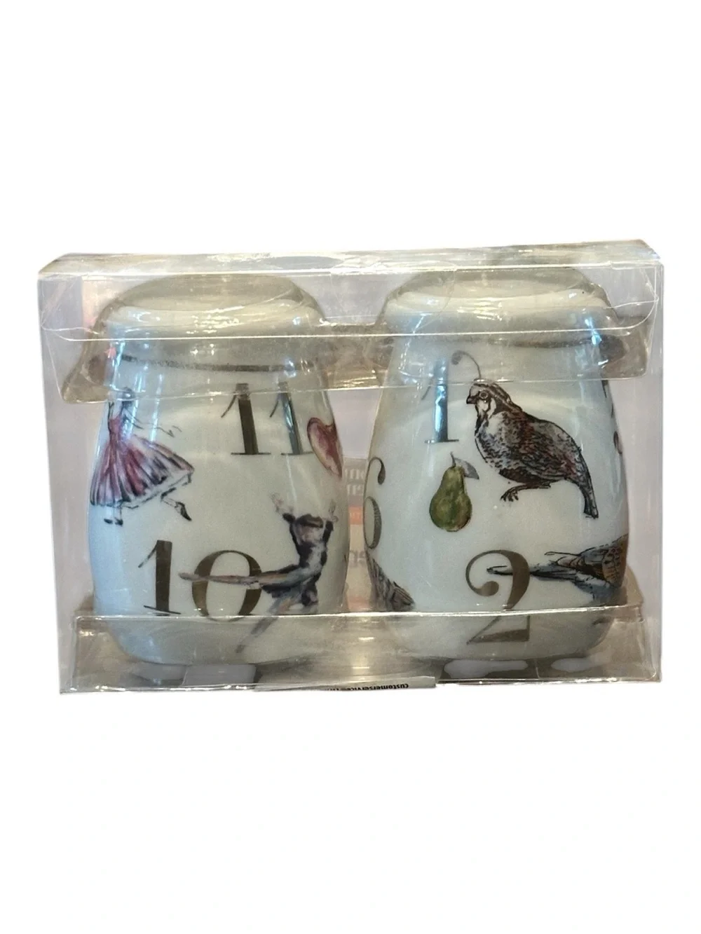12 Days of Christmas Porcelain Salt & Pepper Shakers - Bird & Number Design